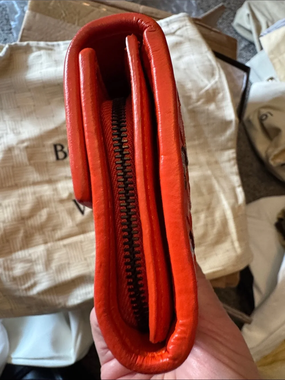 Bottega Veneta Orange Woven Leather Flap Wallet with Python Accents